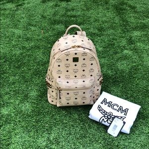 MCM Stark Side Studded Canvas Small Backpack Beige